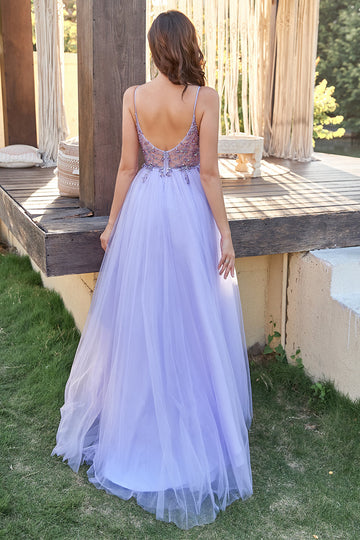 Vestido de fiesta de tul lavanda línea A con cuentas